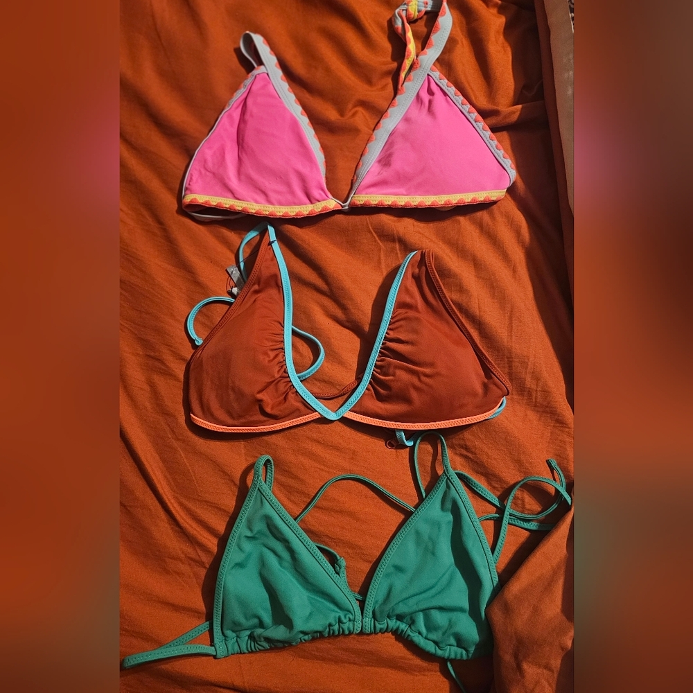 Set of Three Triangle Bikini Tops - Pink, Rust, Teal Medium